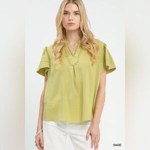 Umgee Seersucker Short Sleeve Top with Lace Trim